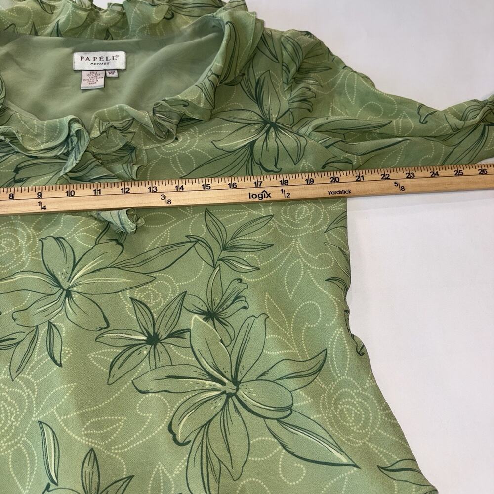Papell Petites Silk Sage Green Flower Ruffle Blouse Boho Romantic Fairy Sheer - Picture 6 of 10